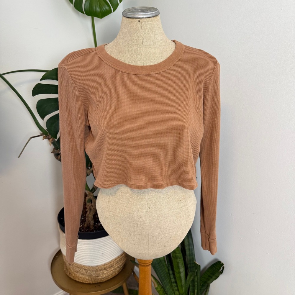 MATE The Thermal Cropped Long Sleeve Shirt Women's Size M Brown Cotton